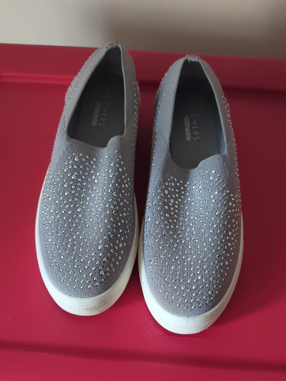 Skechers Women's Light Gray Slip-On Knit Sneakers with Rhinestone Detail